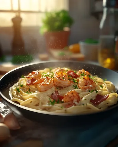 Delicious Shrimp Alfredo Pasta with Garlic and Bacon